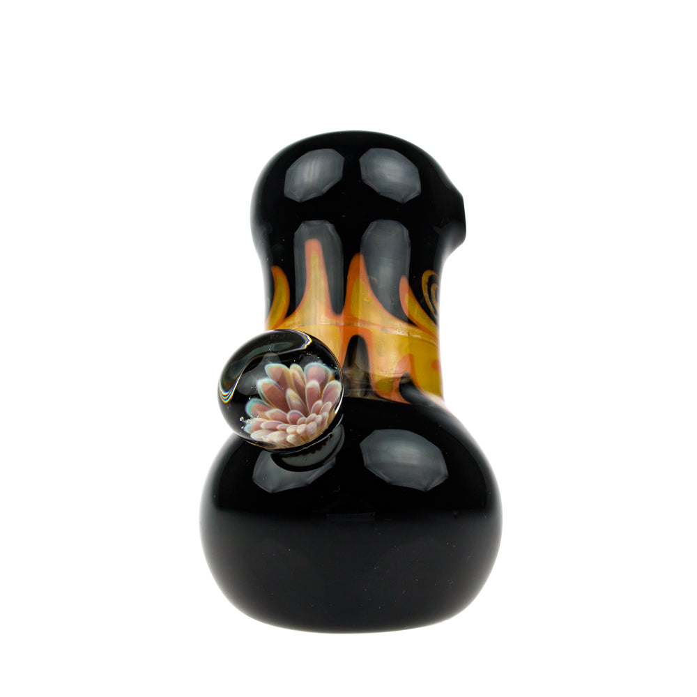 G-Spot Glass Hammer Bubbler Pipe - Yellow and Orange Reversals and Large Flower Marble - Front view