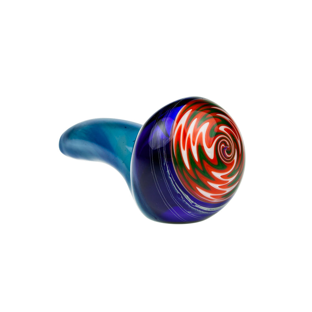 G-Spot Glass Spoon Pipe - Blue with Green, Orange and White Hurricane Bowl - Side view 2