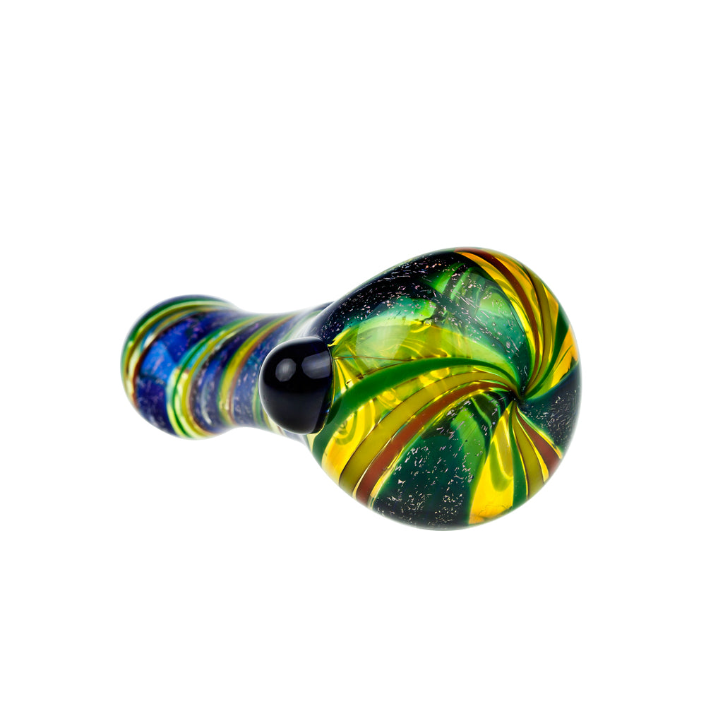 G-Spot Glass Spoon Pipe - Color Stripes and Blue Dichro on Clear Glass - Side view 2