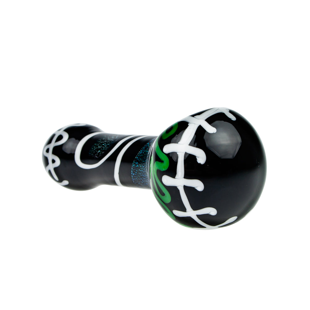 G-Spot Glass Spoon Pipe - Black Glass with Color Artwork and Dichro Stripe - Side view 2
