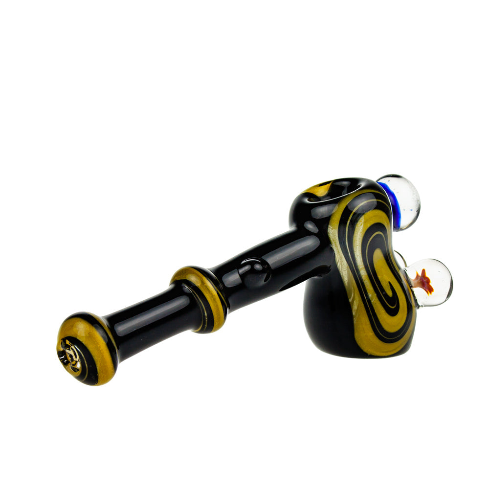 G-Spot Glass Hammer Bubbler Pipe - Black and Yellow with Three Large Marbles - Side view 4