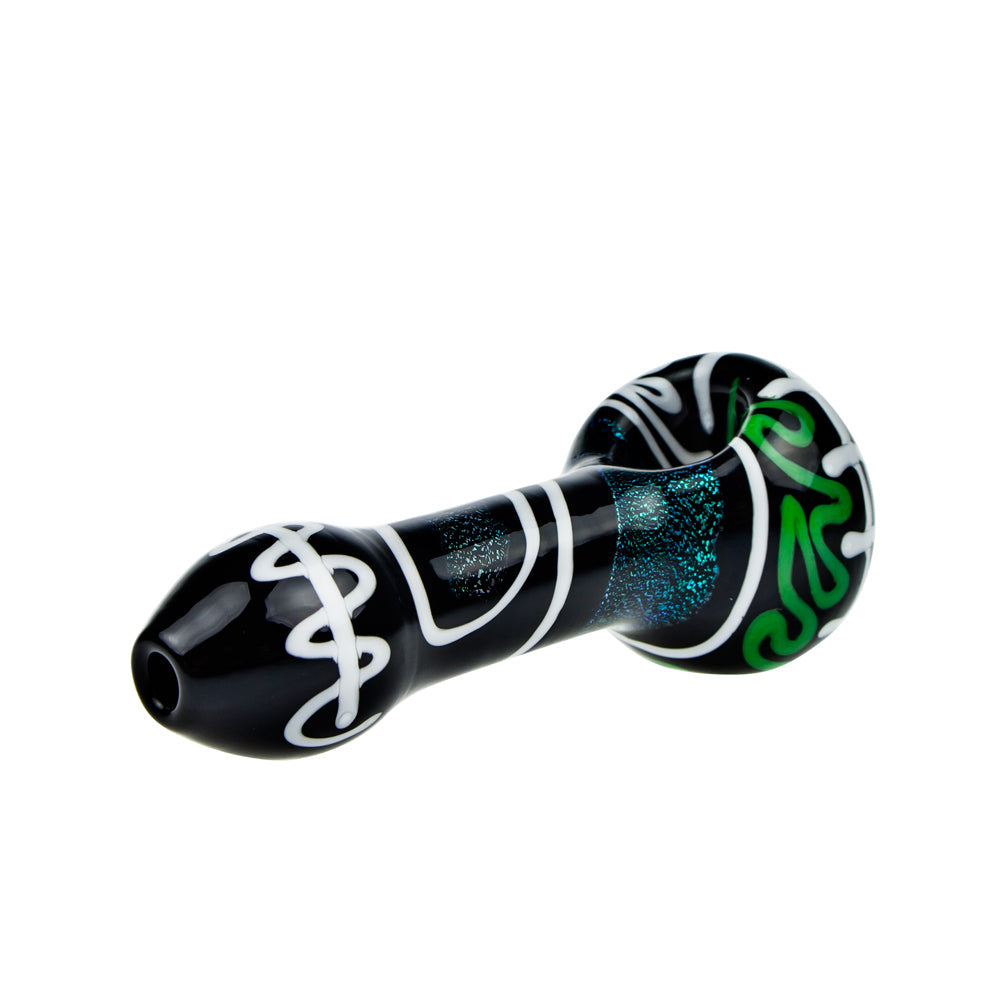 G-Spot Glass Spoon Pipe - Black Glass with Color Artwork and Dichro Stripe - Side view 4