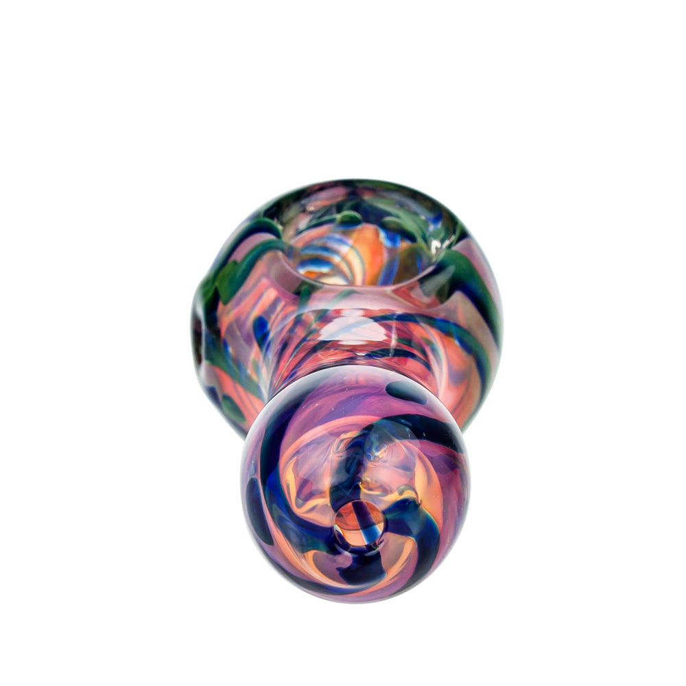 G-Spot Glass Spoon Pipe - Pink and Gold with Blue and Green - Back view