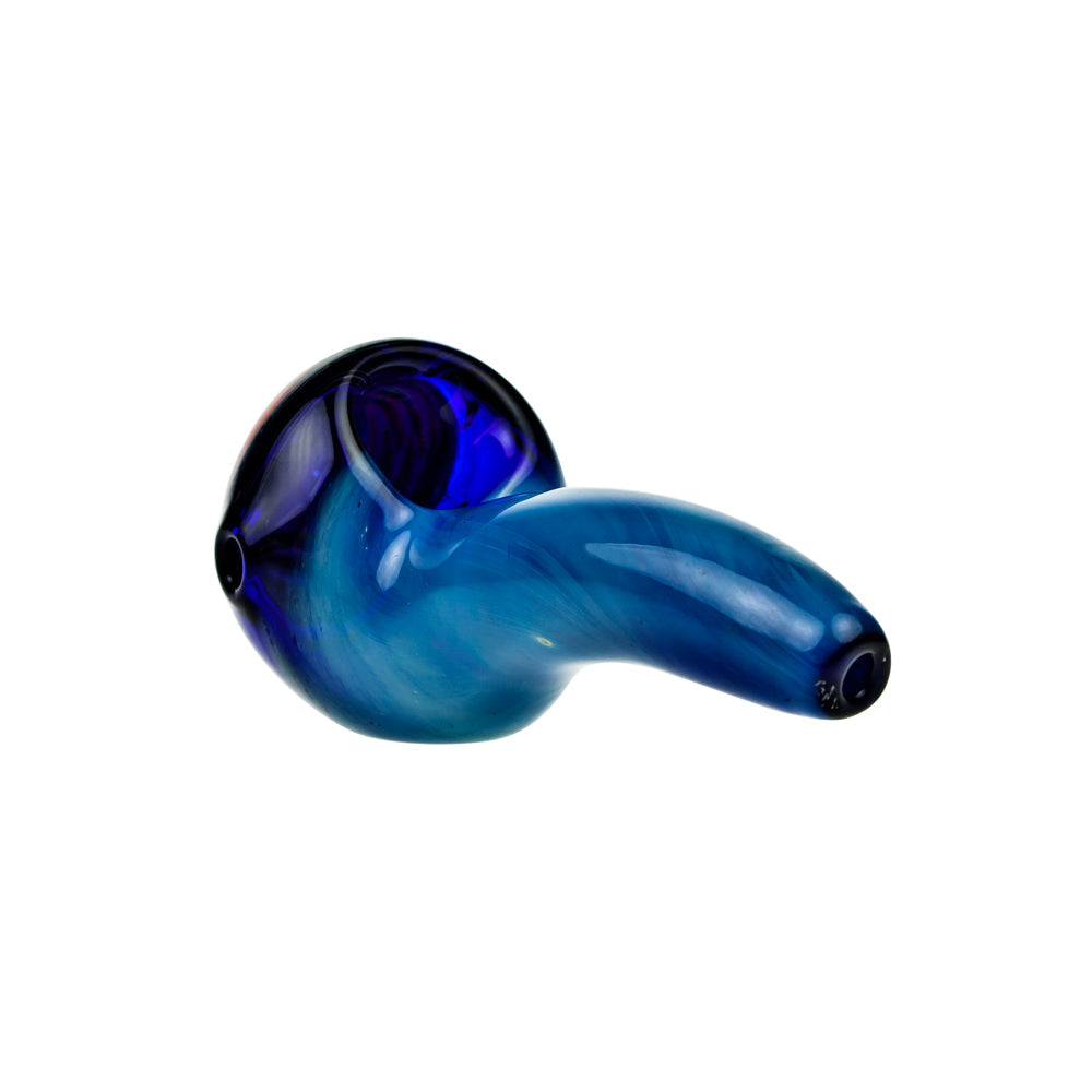 G-Spot Glass Spoon Pipe - Blue with Green, Orange and White Hurricane Bowl - Side view 3