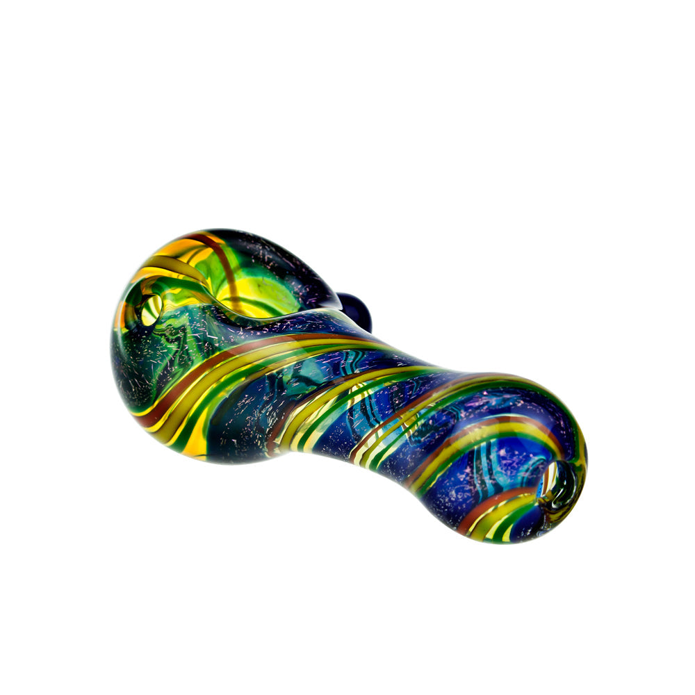 G-Spot Glass Spoon Pipe - Color Stripes and Blue Dichro on Clear Glass - Side view 4