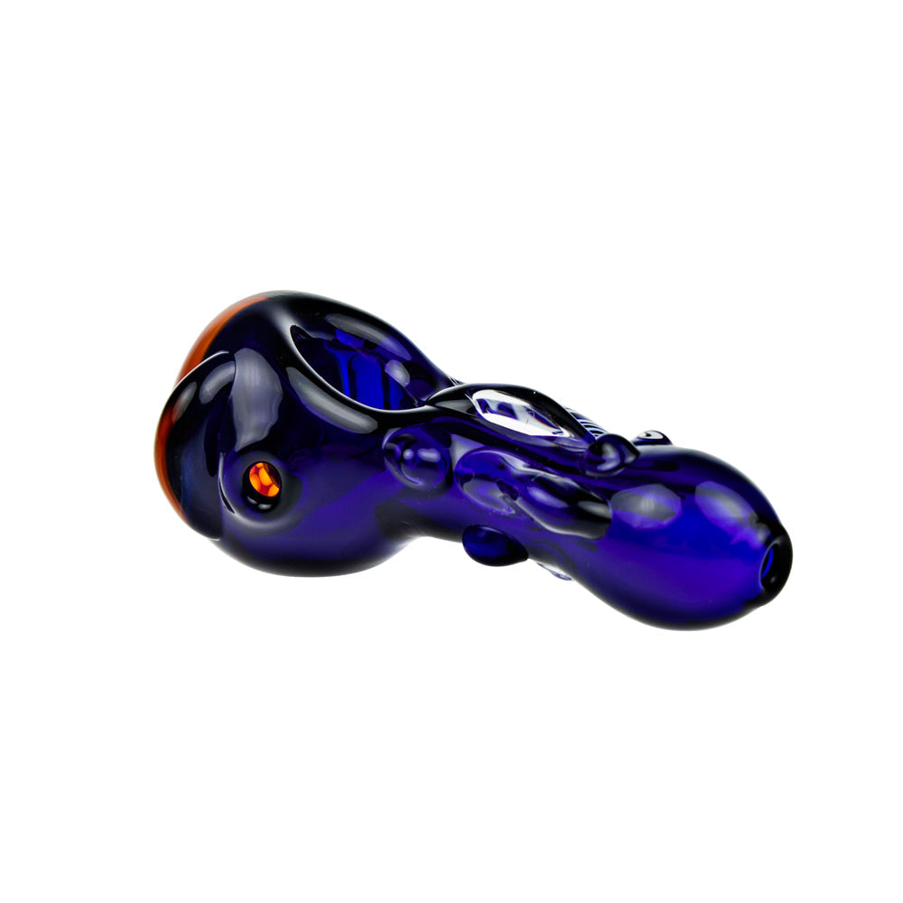 G-Spot Glass Spoon Pipe - Blue Glass with Honeycomb Bowl and Striped Appendage - Side view 3
