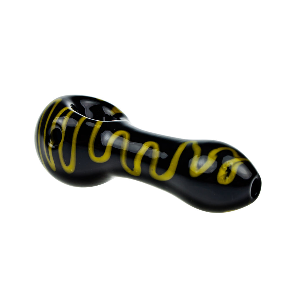 G-Spot Glass Spoon Pipe - Black Glass with Dark Yellow Zig-Zag Stripes - Side view 3