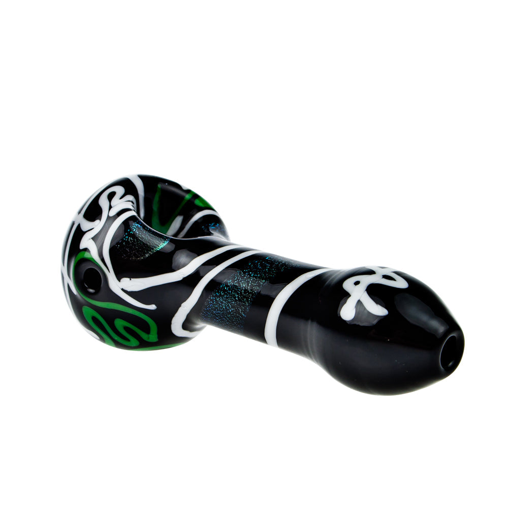 G-Spot Glass Spoon Pipe - Black Glass with Color Artwork and Dichro Stripe - Side view 3