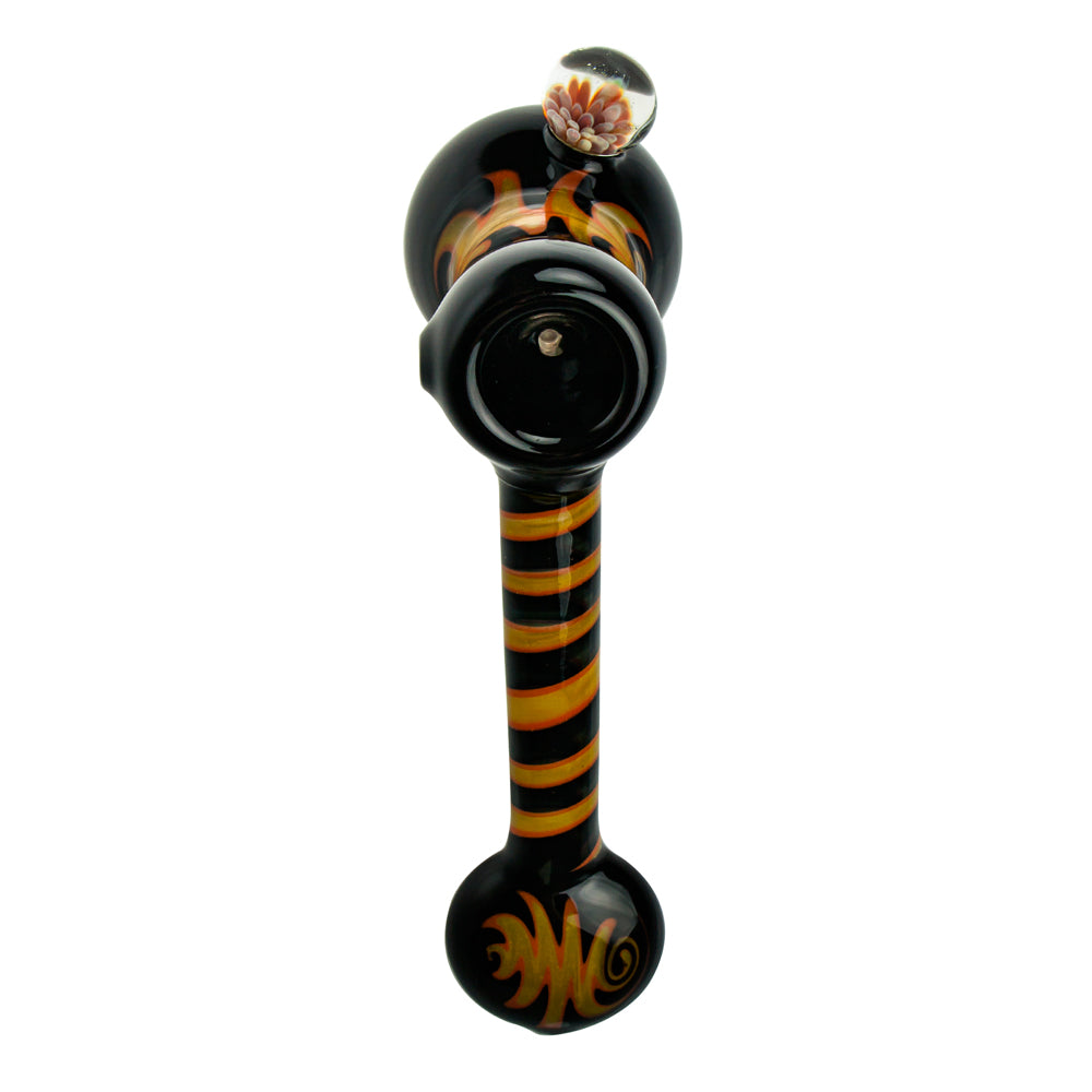 G-Spot Glass Hammer Bubbler Pipe - Yellow and Orange Reversals and Large Flower Marble - Top view