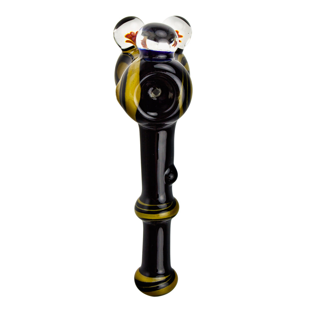G-Spot Glass Hammer Bubbler Pipe - Black and Yellow with Three Large Marbles - Top view