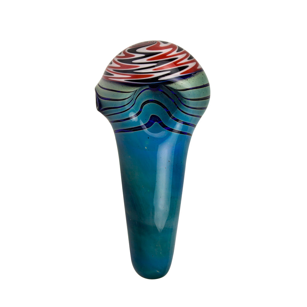G-Spot Glass Spoon Pipe - Blue with Red, Black and White Hurricane Bowl - Top view