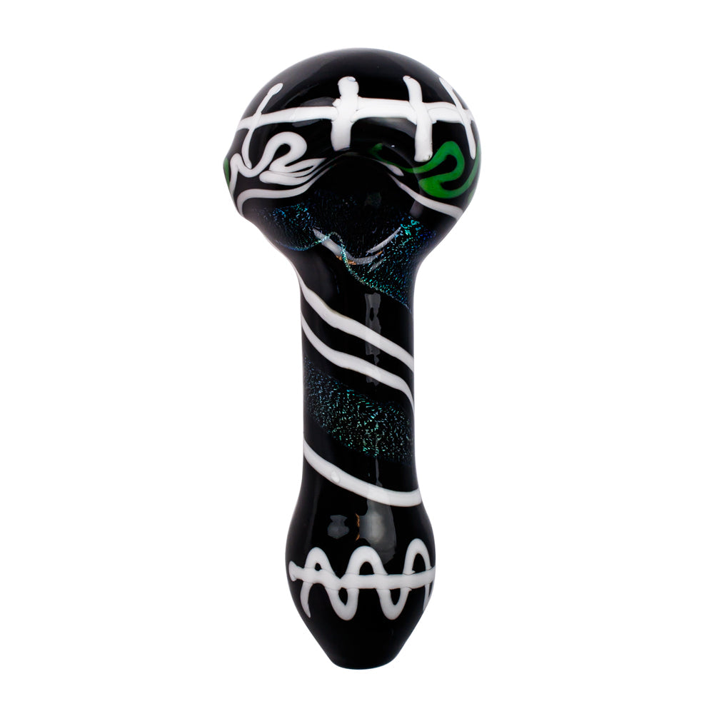 G-Spot Glass Spoon Pipe - Black Glass with Color Artwork and Dichro Stripe - Top view