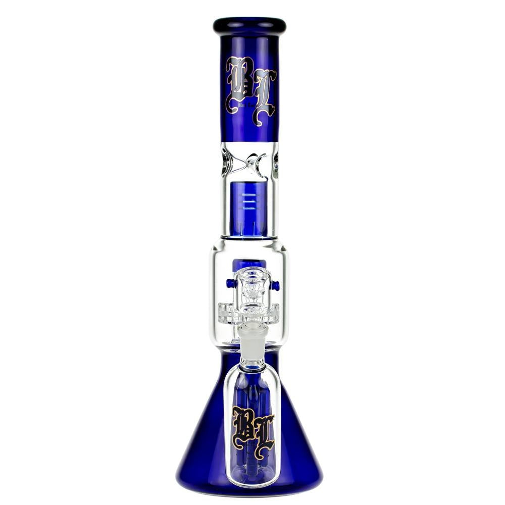 Black Leaf  Beaker Ice Bong with Drum Percolator | Boxed Set - Front View with Herb Bowl and Pre-cooler