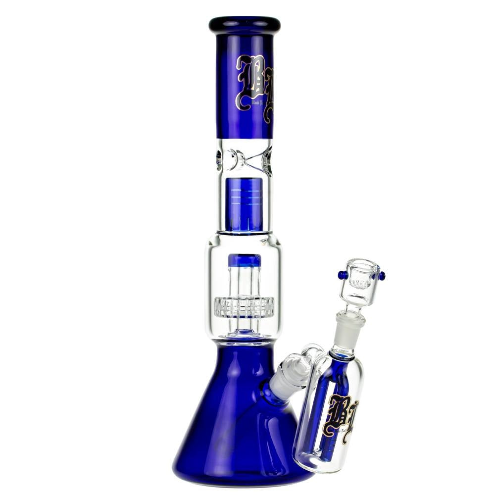 Black Leaf  Beaker Ice Bong with Drum Percolator | Boxed Set - Side View 1 with Herb Bowl and Pre-cooler