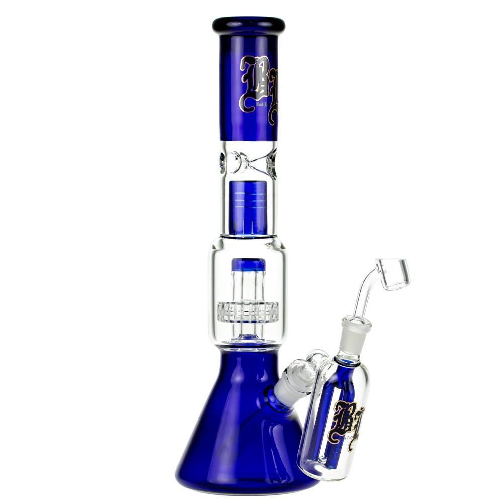 Black Leaf  Beaker Ice Bong with Drum Percolator | Boxed Set - Side View with Banger and Pre-cooler
