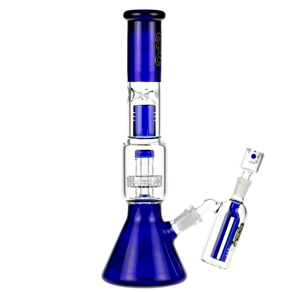 Black Leaf  Beaker Ice Bong with Drum Percolator | Boxed Set - Side View 4 with Herb Bowl and Pre-cooler