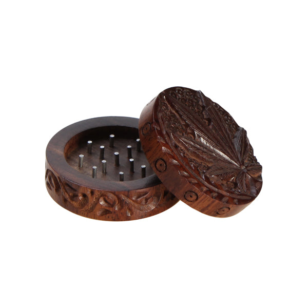 Rosewood Herb Grinder Carved Pot Leaf Lid | 2-part | 45mm wide - steel pin teeth