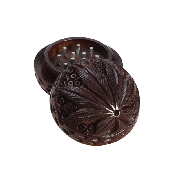 Rosewood Herb Grinder - Walnut-Shaped - Carved Pot Leaf - steel pin teeth