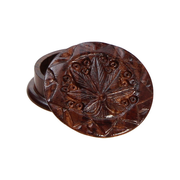 Rosewood Herb Grinder Carved Pot Leaf Lid | 2-part | 35mm wide - steel pin teeth