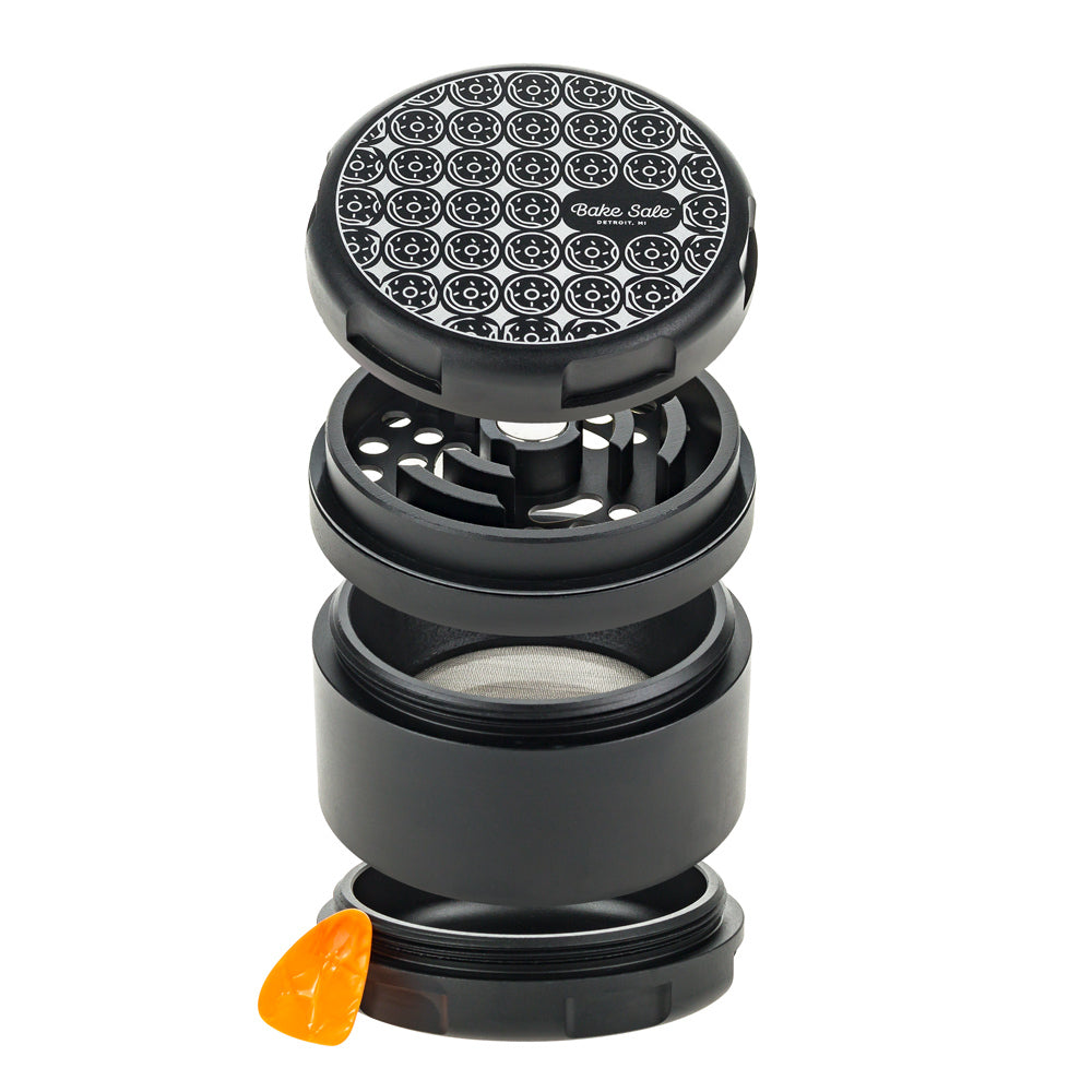 Bake Sale 5-Part 75 Frosted Aircraft Grade Aluminum Grinder | Donut Pattern | Black | All parts separated