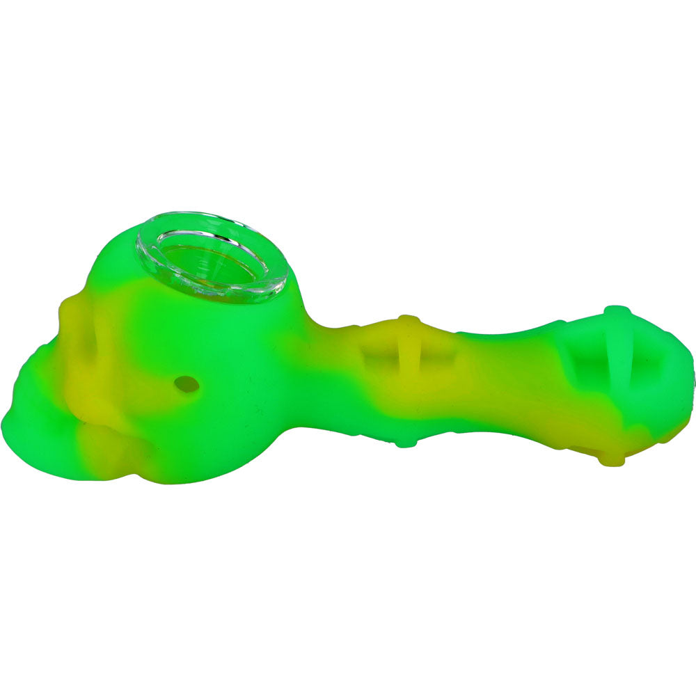 Silicone 2 in 1 Skull Pipe with Metal Dab Tool | Green Yellow | Side view