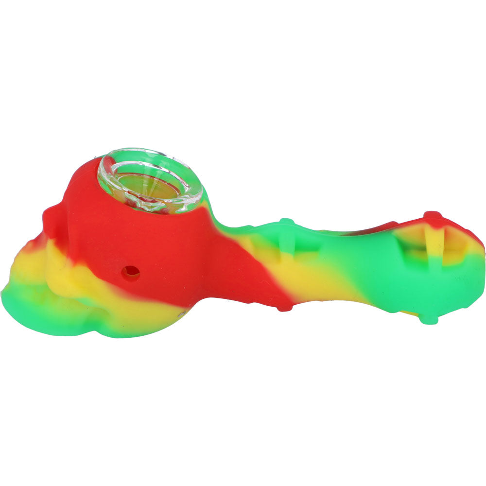 Silicone 2 in 1 Skull Pipe with Metal Dab Tool | Rasta | Side view