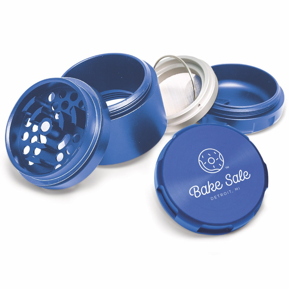 Bake Sale 5-Part Donut Pattern Aircraft Grade Aluminum Grinder | Blue logo