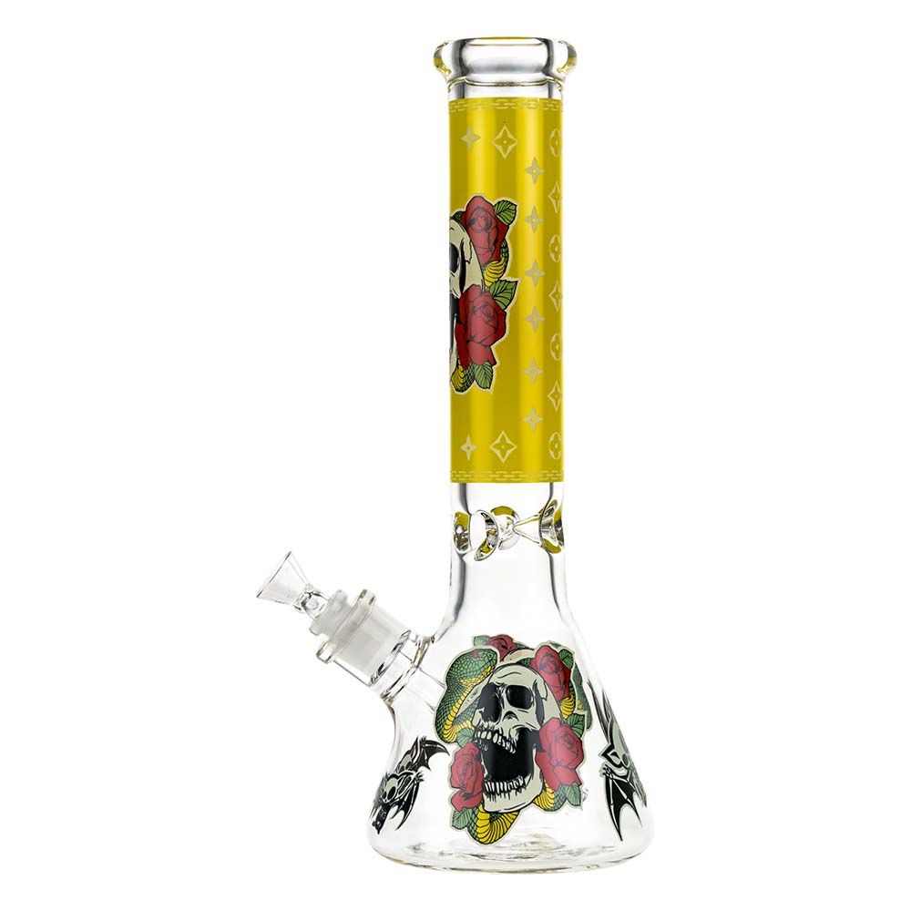 Beaker Ice Bong with Glow in the Dark Snake and Skull Print | Yellow | Side view 2