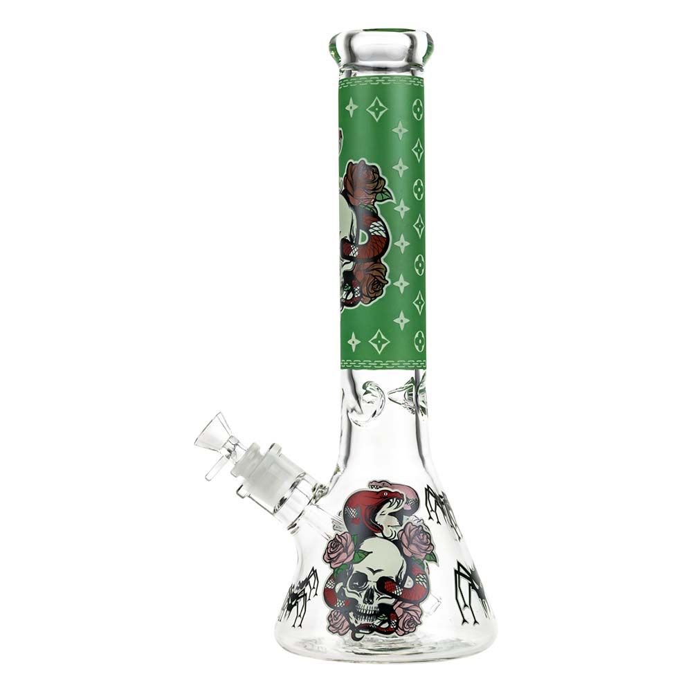 Beaker Ice Bong with Glow in the Dark Snake and Skull Print | Green | Side view 2