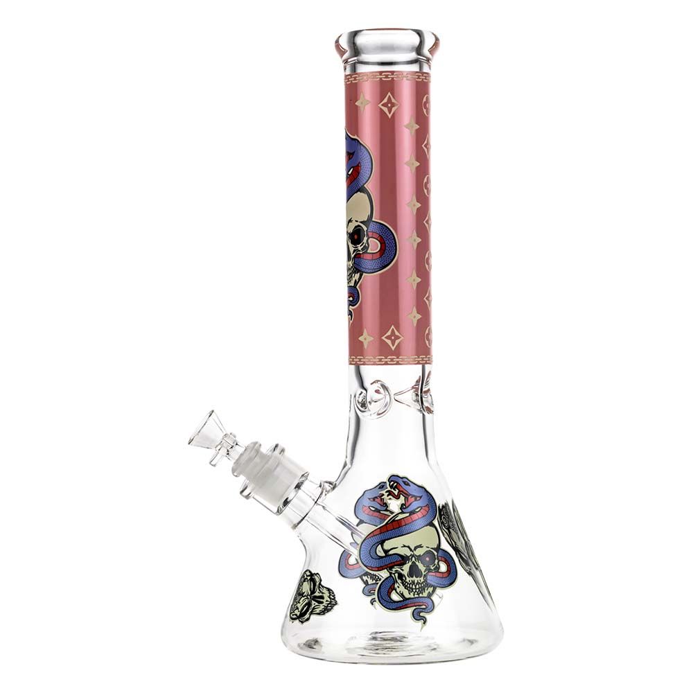 Beaker Ice Bong with Glow in the Dark Snake and Skull Print | Pink | Side view 2