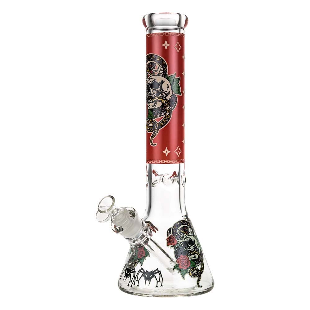 Beaker Ice Bong with Glow in the Dark Snake and Skull Print | Red | Side view 1