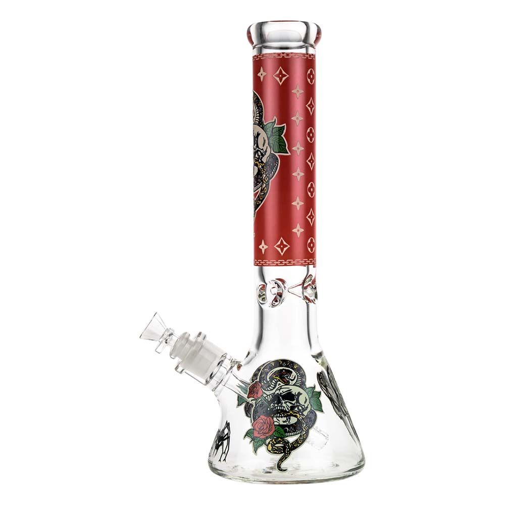 Beaker Ice Bong with Glow in the Dark Snake and Skull Print | Red | Side view 2