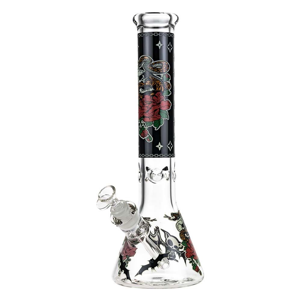 Beaker Ice Bong with Glow in the Dark Snake and Skull Print | Black | Side view 1