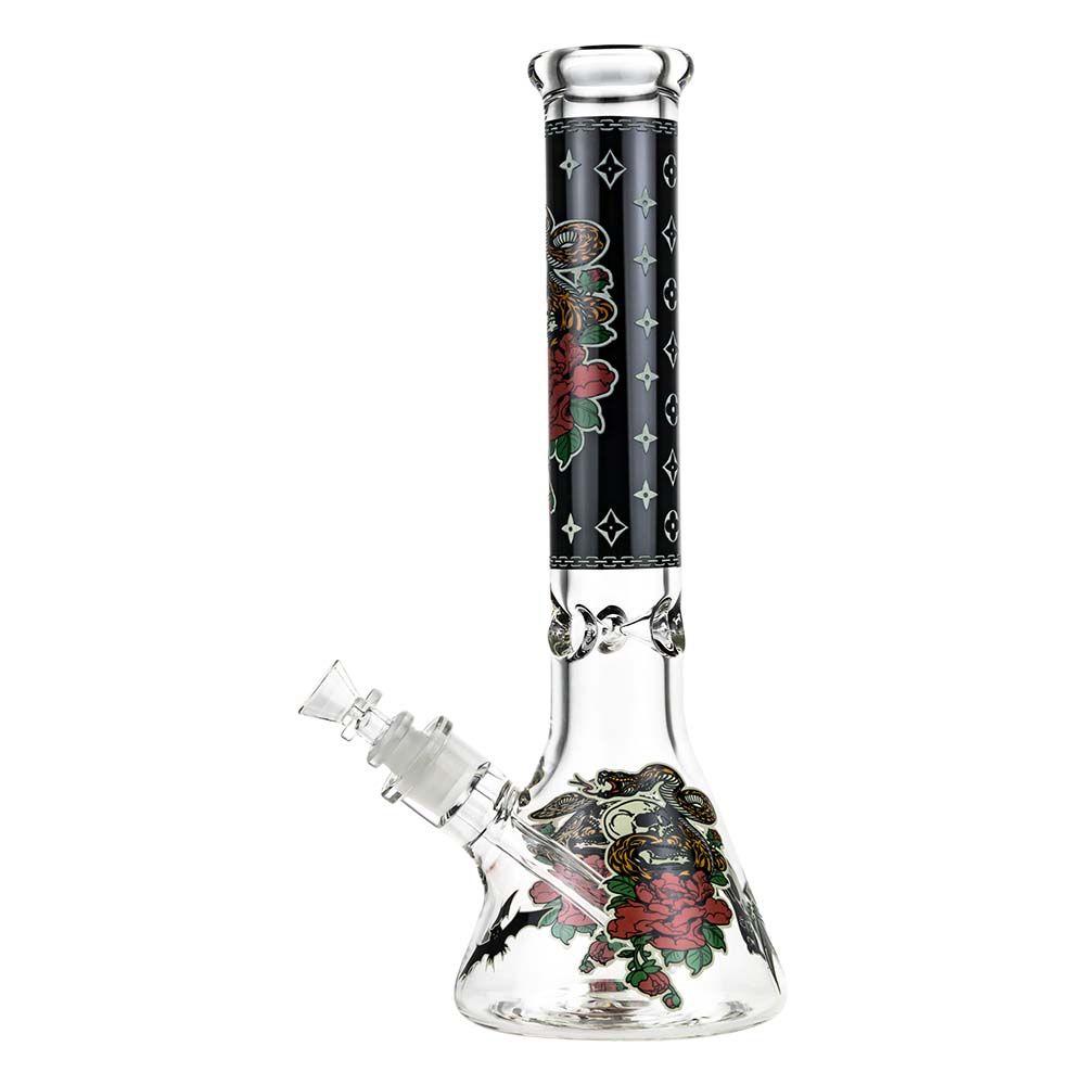 Beaker Ice Bong with Glow in the Dark Snake and Skull Print | Black | Side view 2