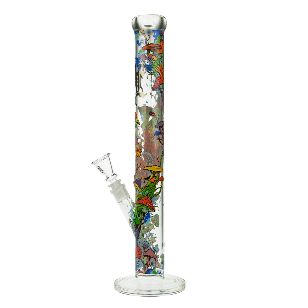 Black Leaf Mushroom Tree Straight Tube Glass Bong | Clear - Side View 3