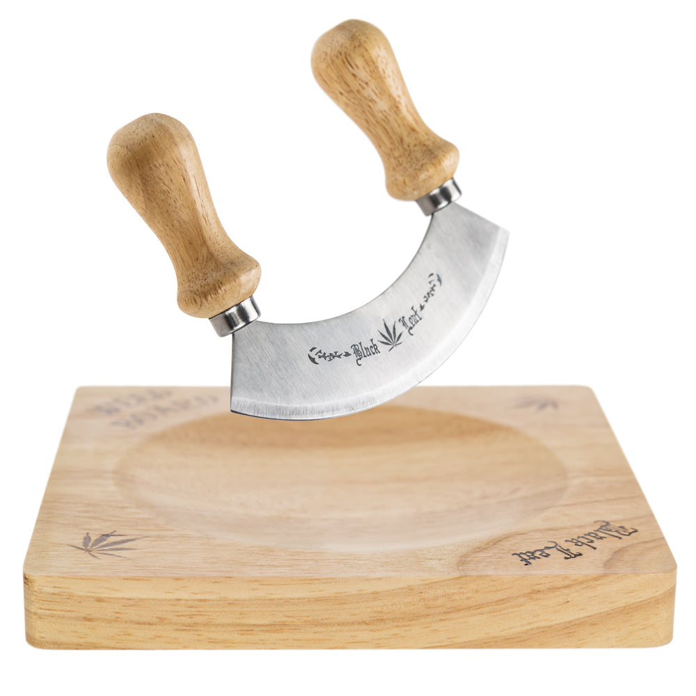 Black Leaf Wooden Tray with Curved Knife - Side View