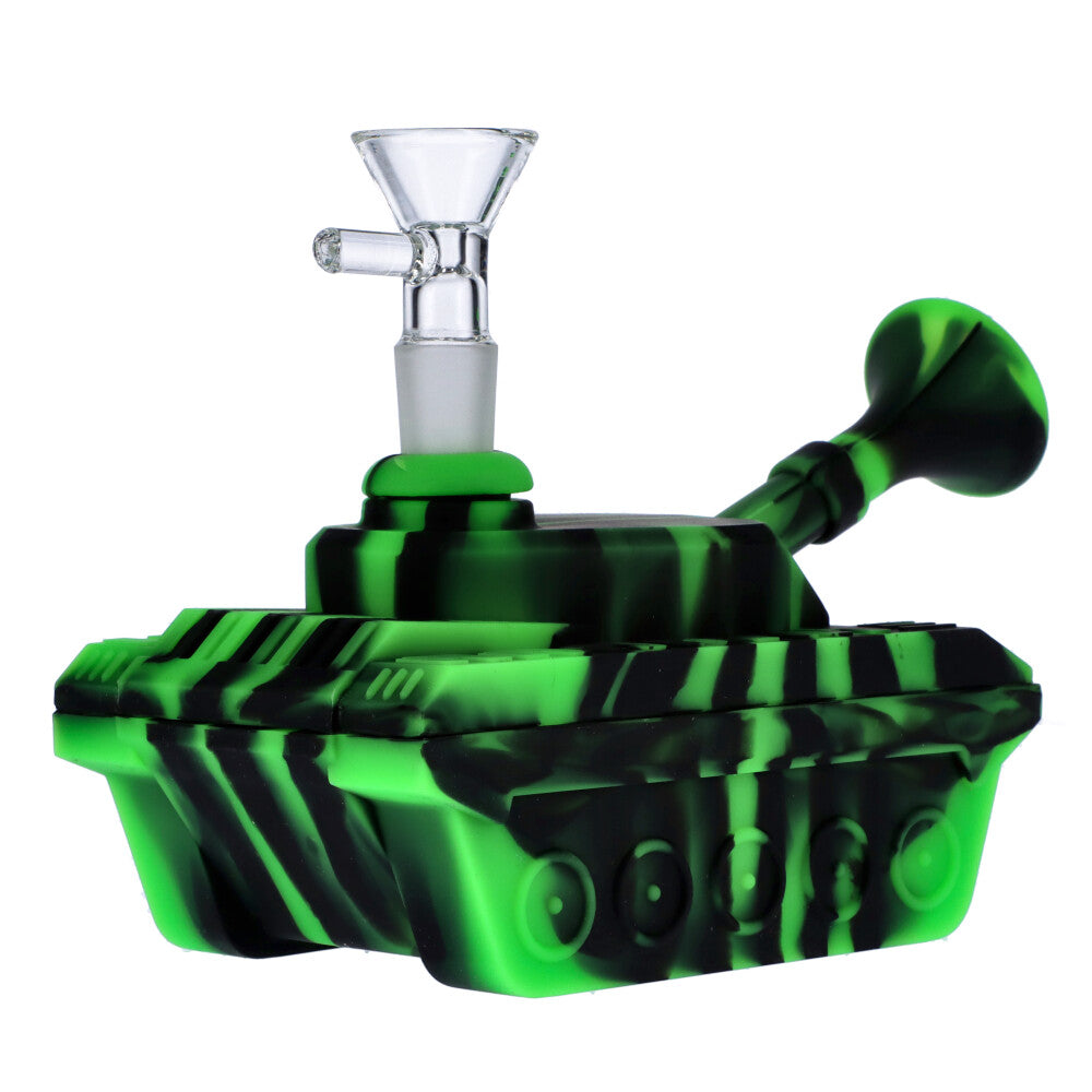 Silicone Army Tank Pipe with Glass Bowl | Black/Green - Side View 1<br>