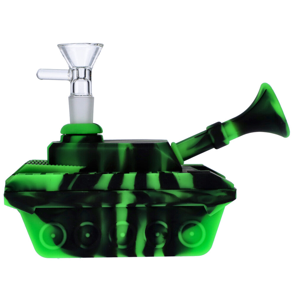 Silicone Army Tank Pipe with Glass Bowl | Black/Green - Side View 2