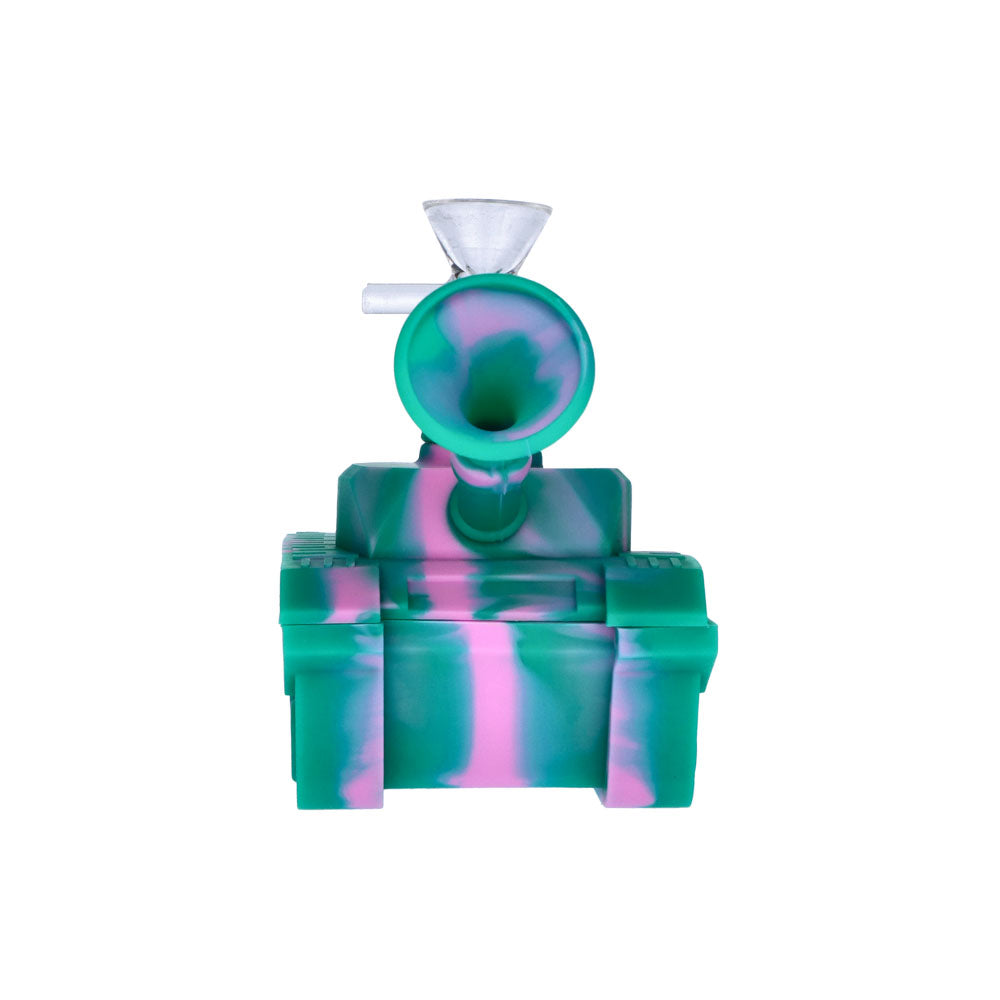 Silicone Army Tank Pipe with Glass Bowl | Green/Pink - Back View