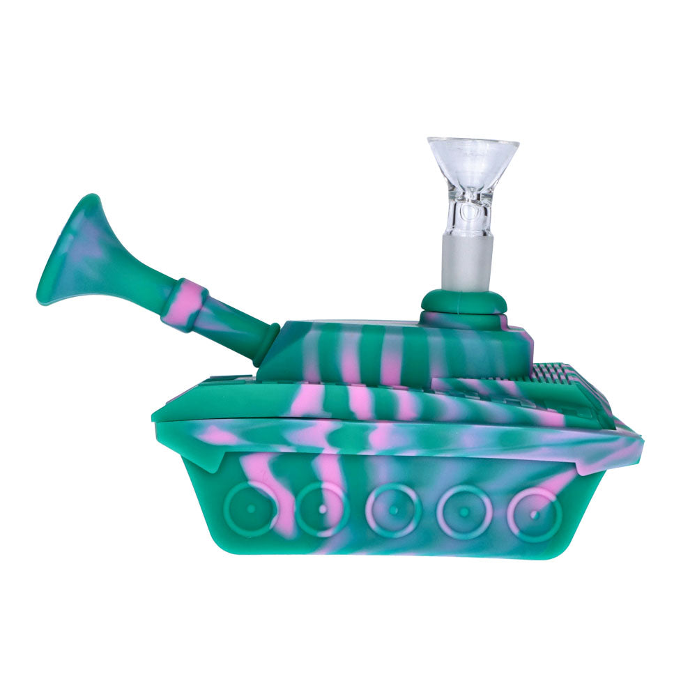 Silicone Army Tank Pipe with Glass Bowl | Green/Pink - Side View 1