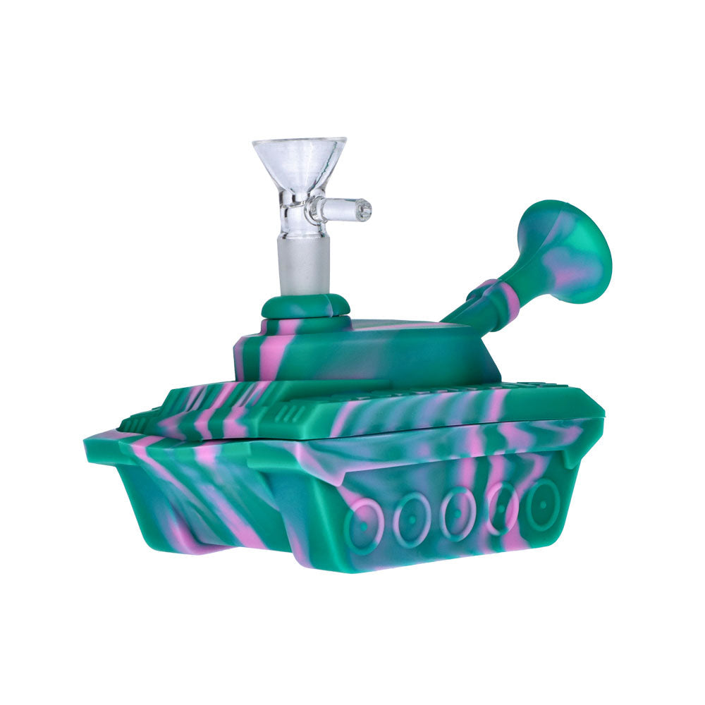 Silicone Army Tank Pipe with Glass Bowl | Green/Pink - Side View 3