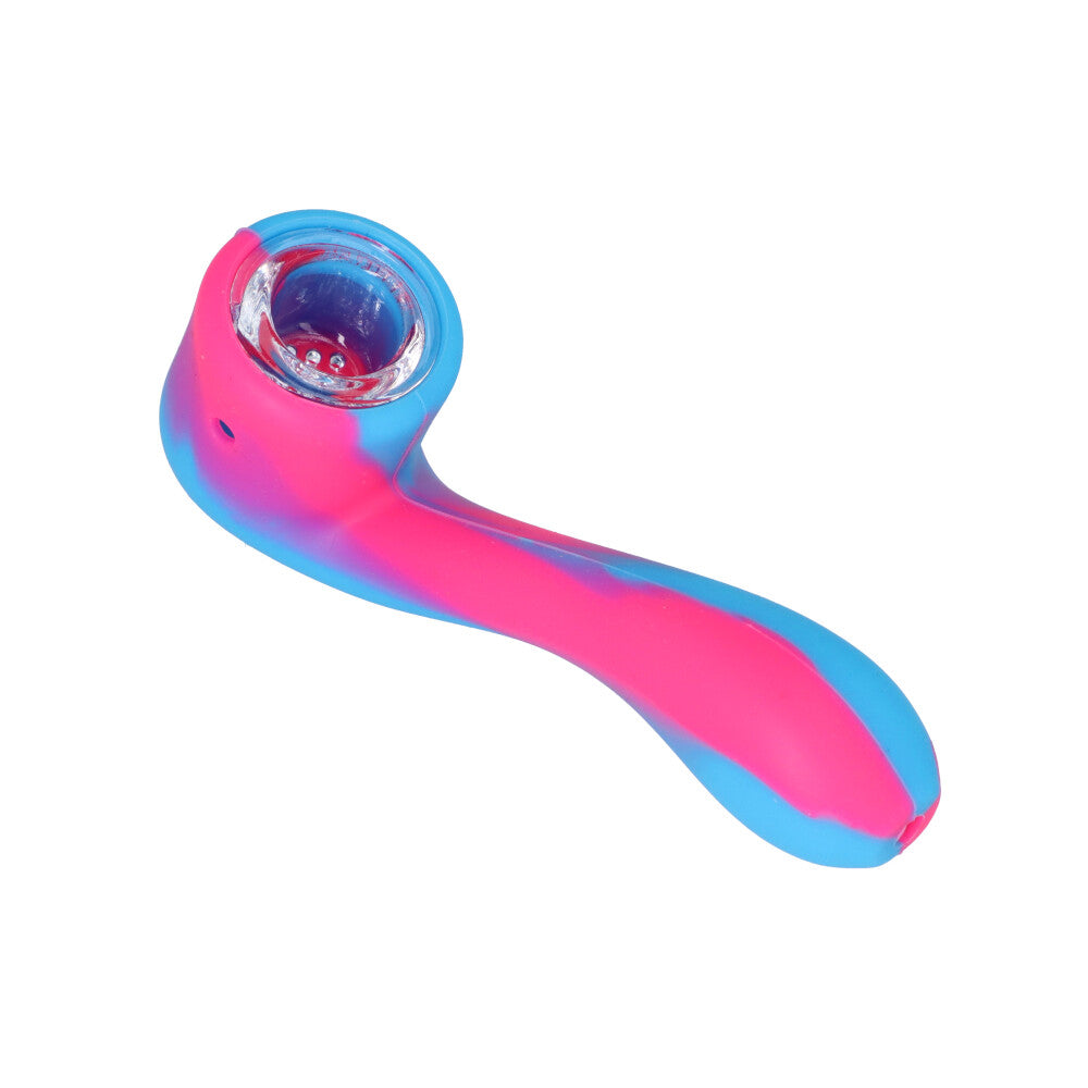 Silicone Sherlock Hand Pipe with Insert Glass Bowl | Pink/Blue - Top View