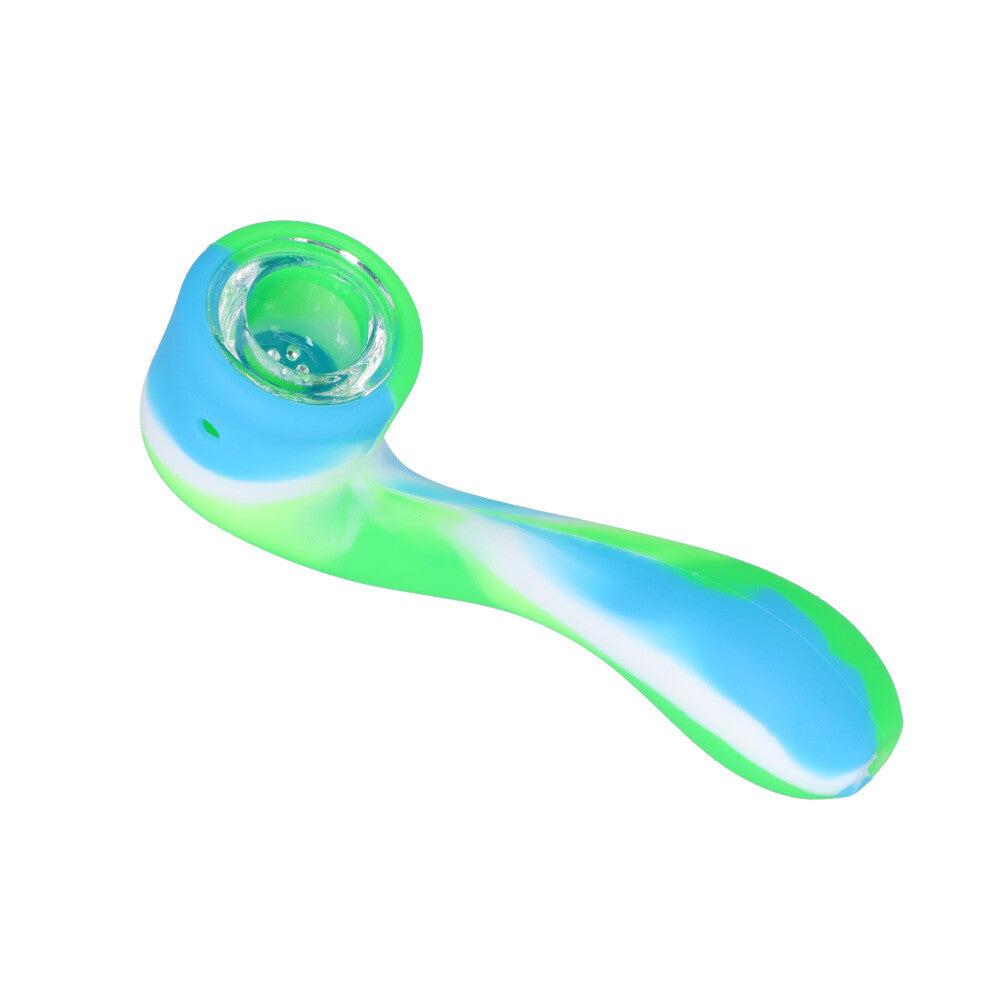 Silicone Sherlock Hand Pipe with Insert Glass Bowl | Green/Blue/White - Top View