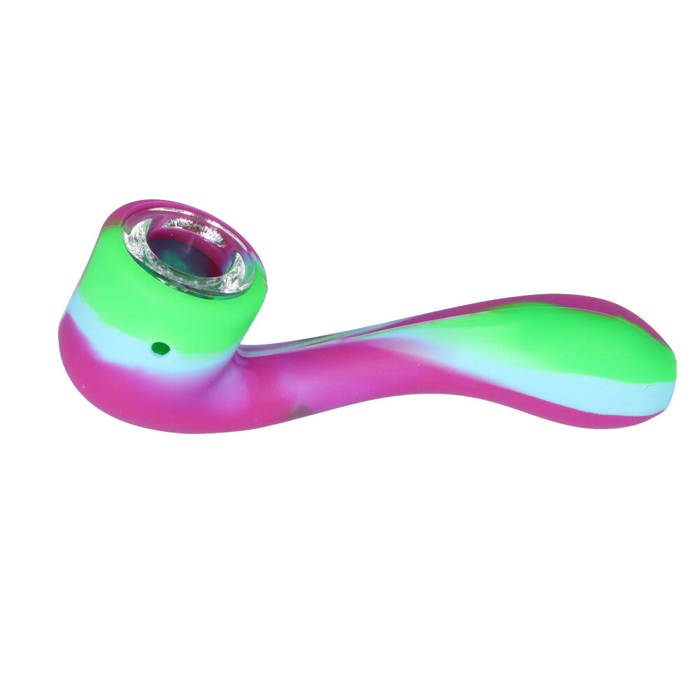 Silicone Sherlock Hand Pipe with Insert Glass Bowl | Purple/Green/Blue - Side View