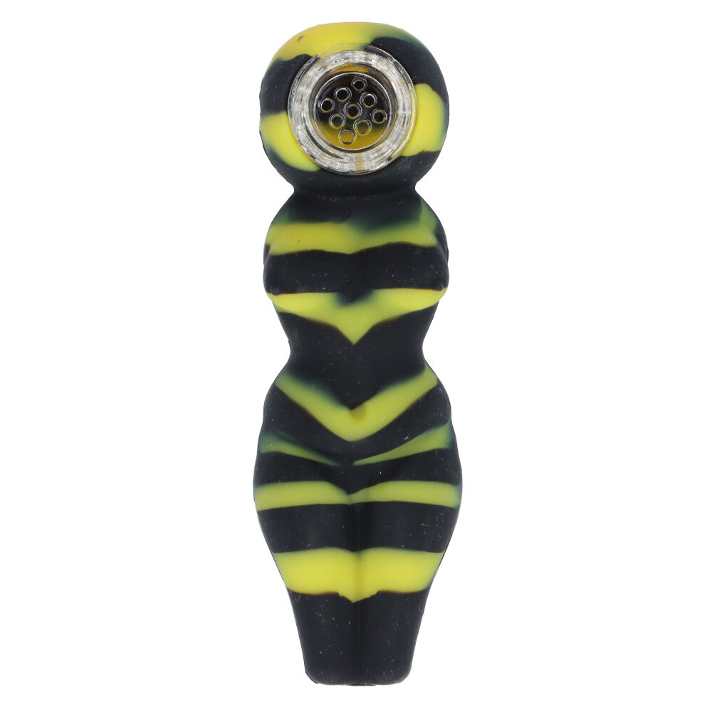 Curvy Silicone Spoon Pipe with Insert Glass Bowl | Black/Yellow - Top View
