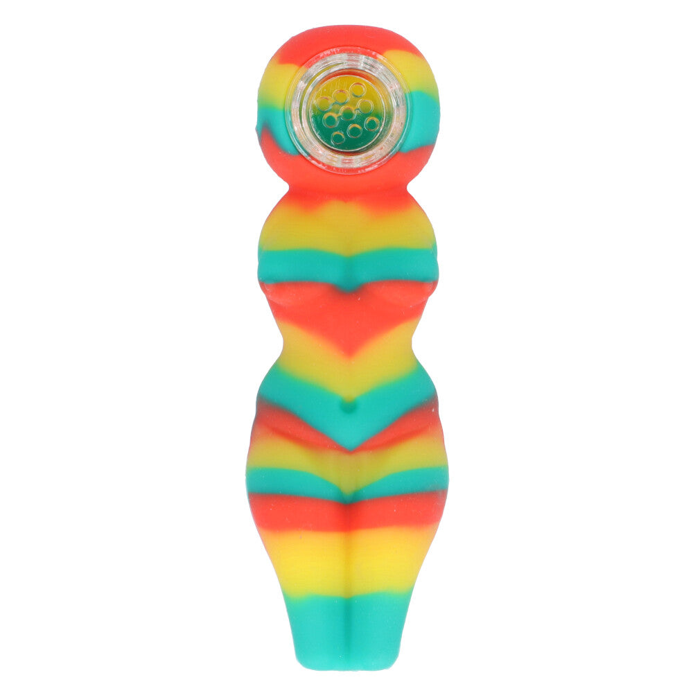Curvy Silicone Spoon Pipe with Insert Glass Bowl | Orange/Yellow/Aqua - Top View