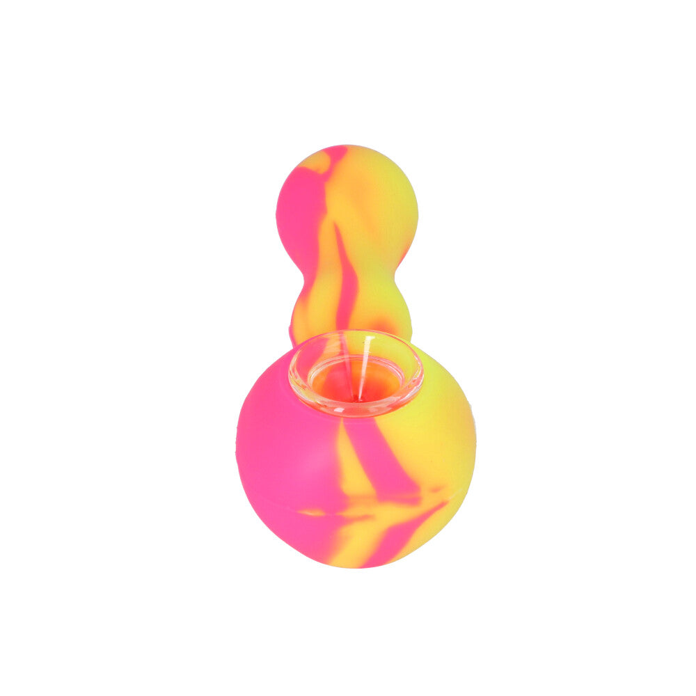 Silicone Spoon Pipe with Inlaid Glass Bowl | Yellow/Pink - Front View