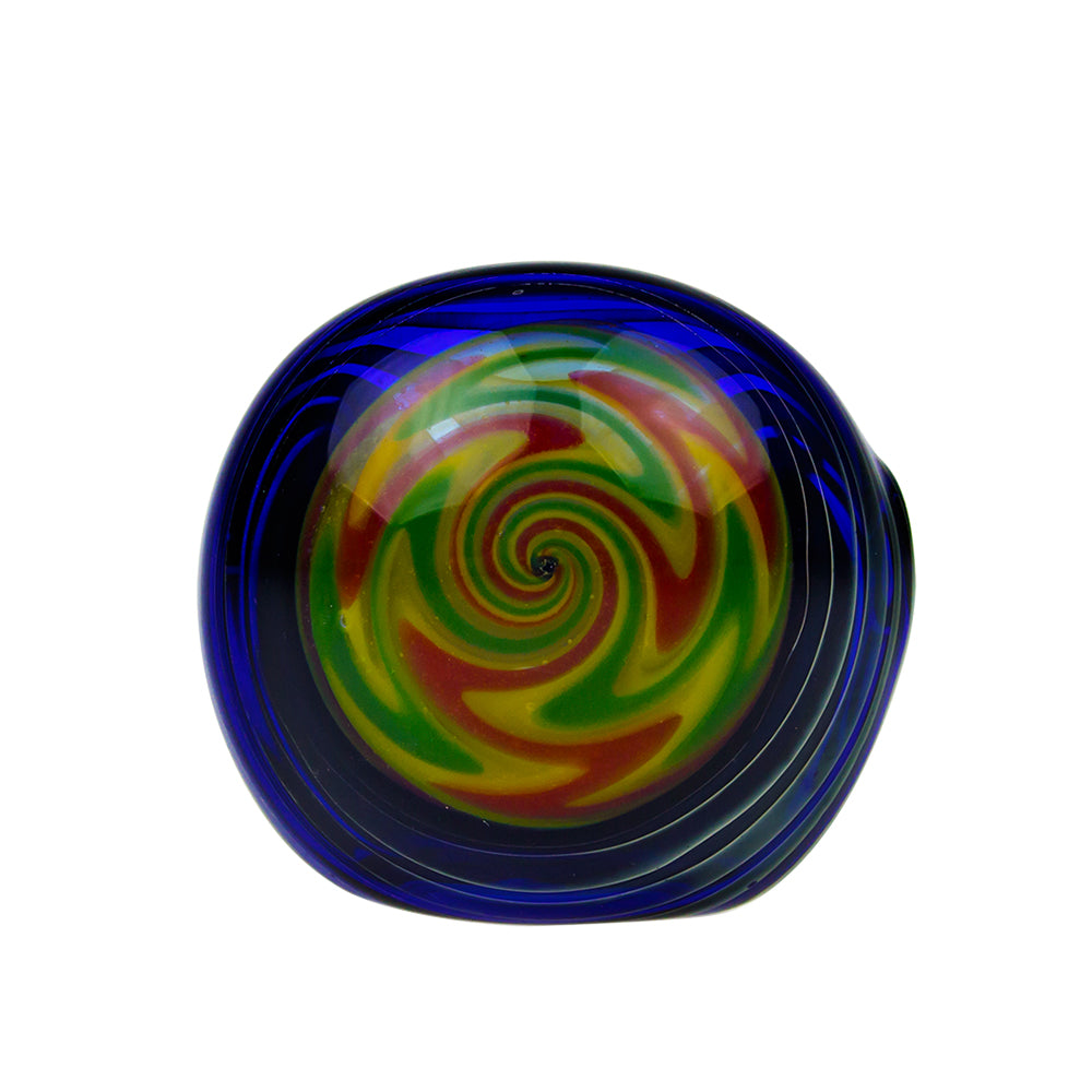 G-Spot Glass Spoon Pipe - Blue with Green, Orange and Yellow Hurricane Bowl - Front View