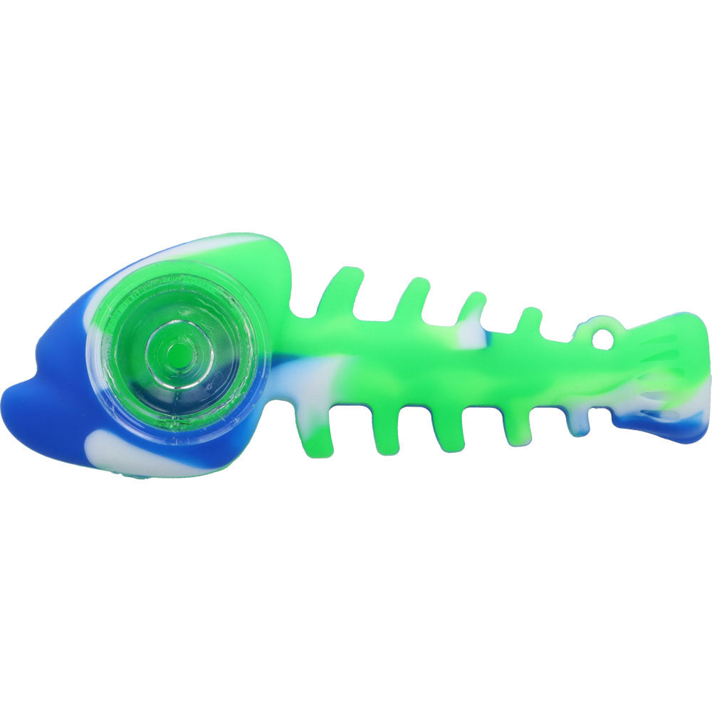 Silicone Fish Bone Hand Pipe with Glass Bowl  | Blue/Green  | side view 1