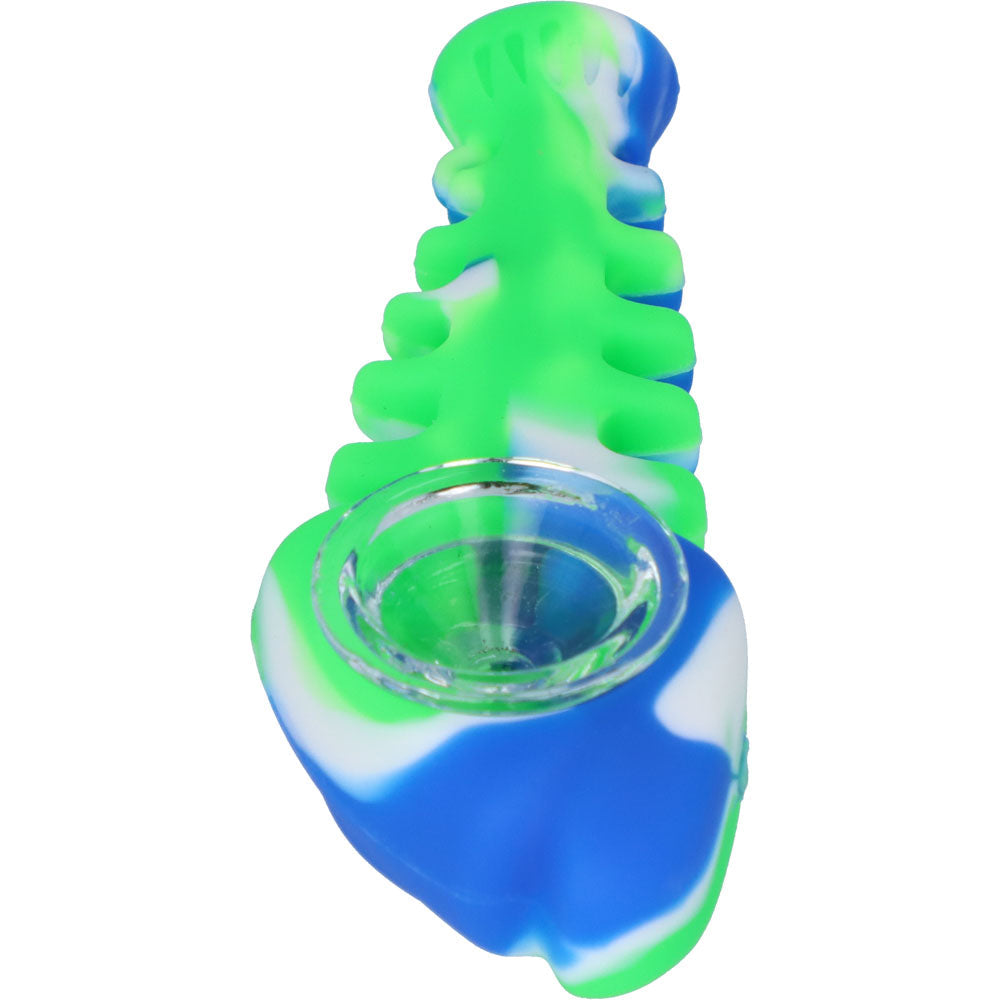 Silicone Fish Bone Hand Pipe with Glass Bowl  | Blue/Green  | front view